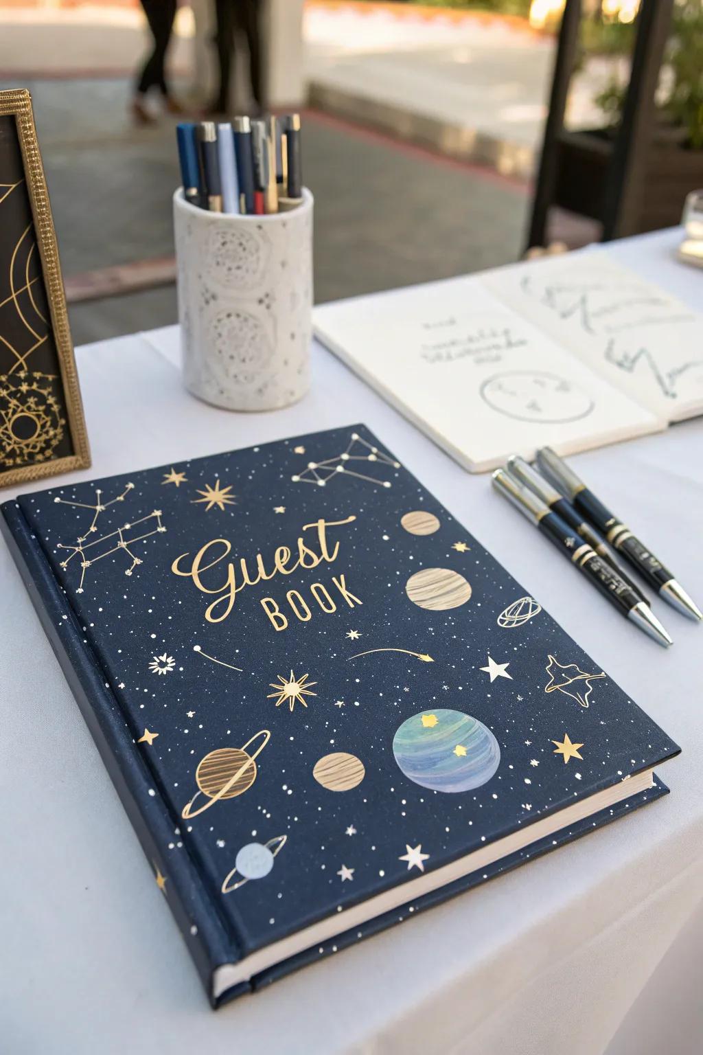 A cosmic keepsake guest book capturing heartfelt messages from loved ones.