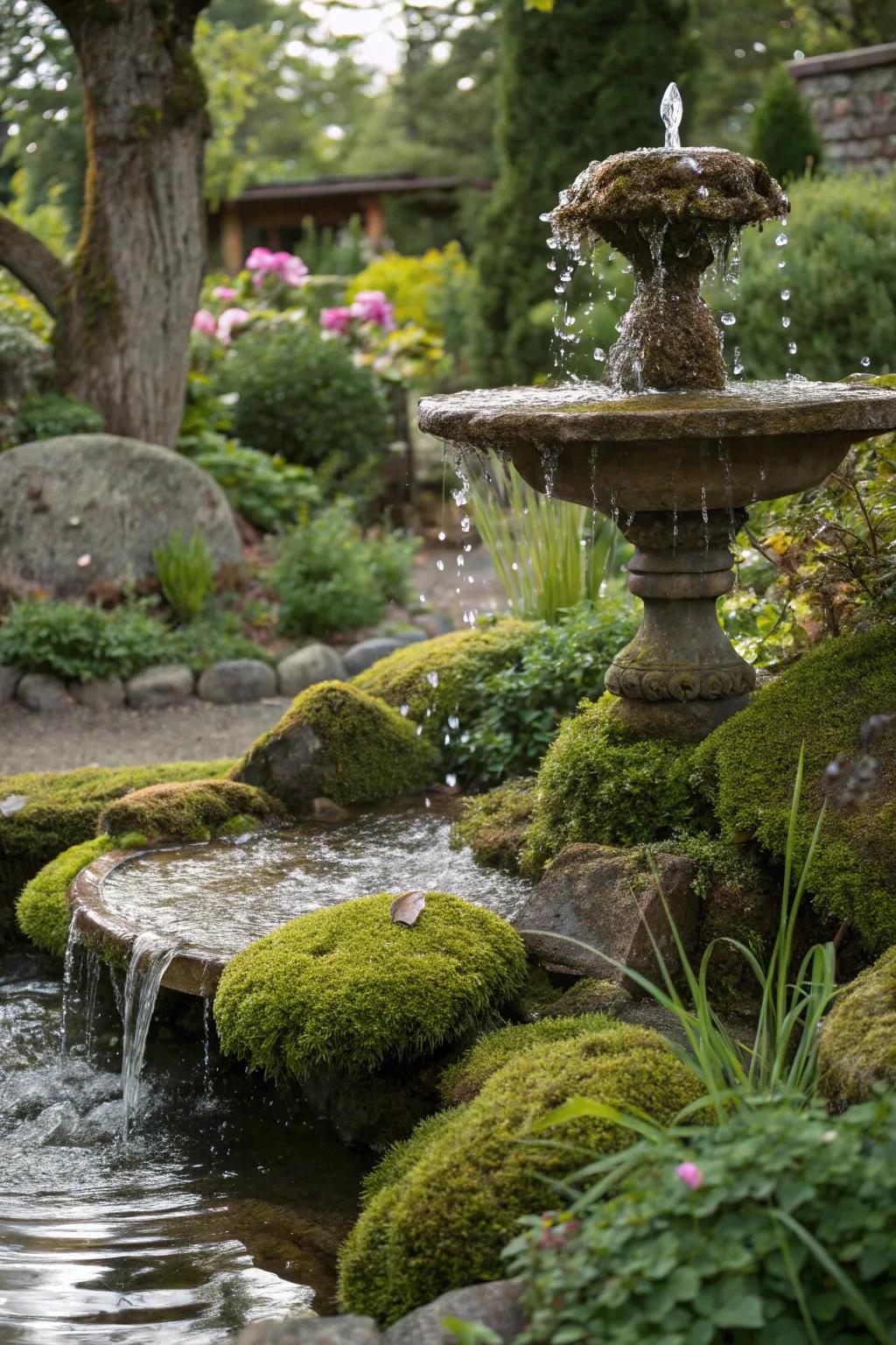 A tranquil fountain featuring water cascading over moss rocks.