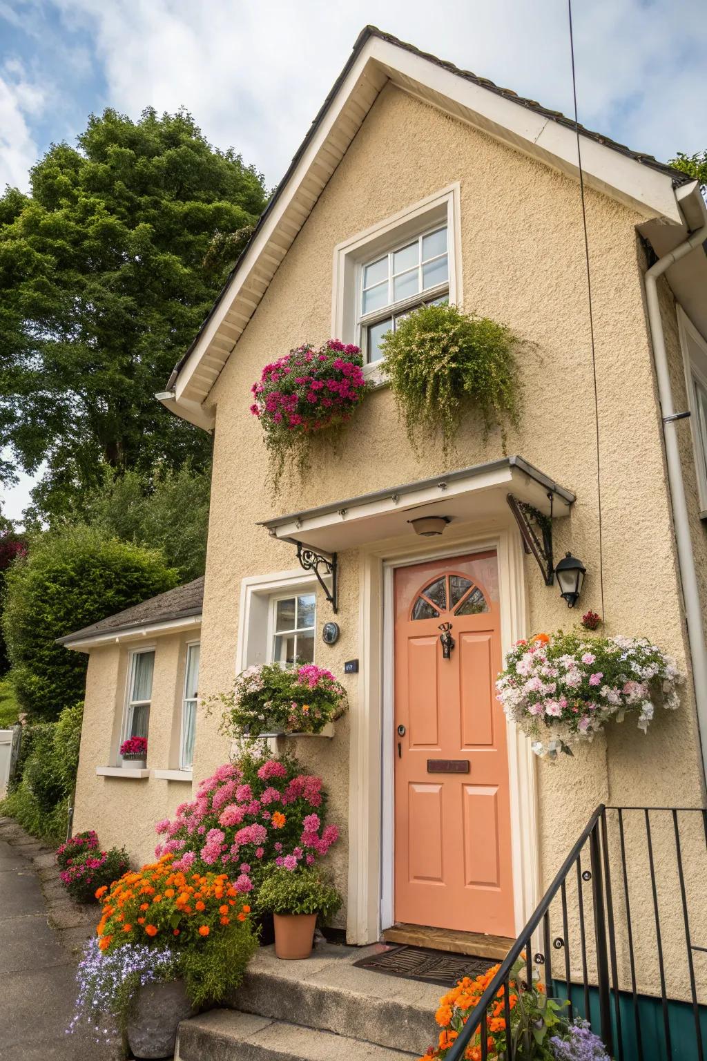 An apricot entrance adds warmth and charm to a beige house.