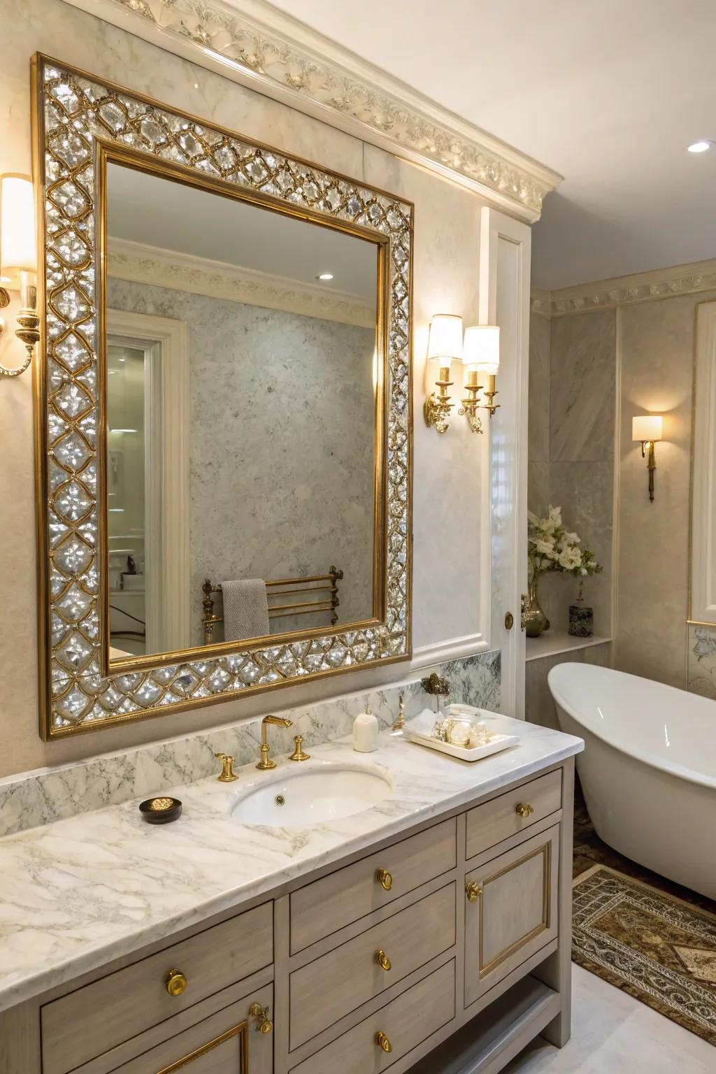 A custom vanity mirror with nacre inlays adds a personalized touch.