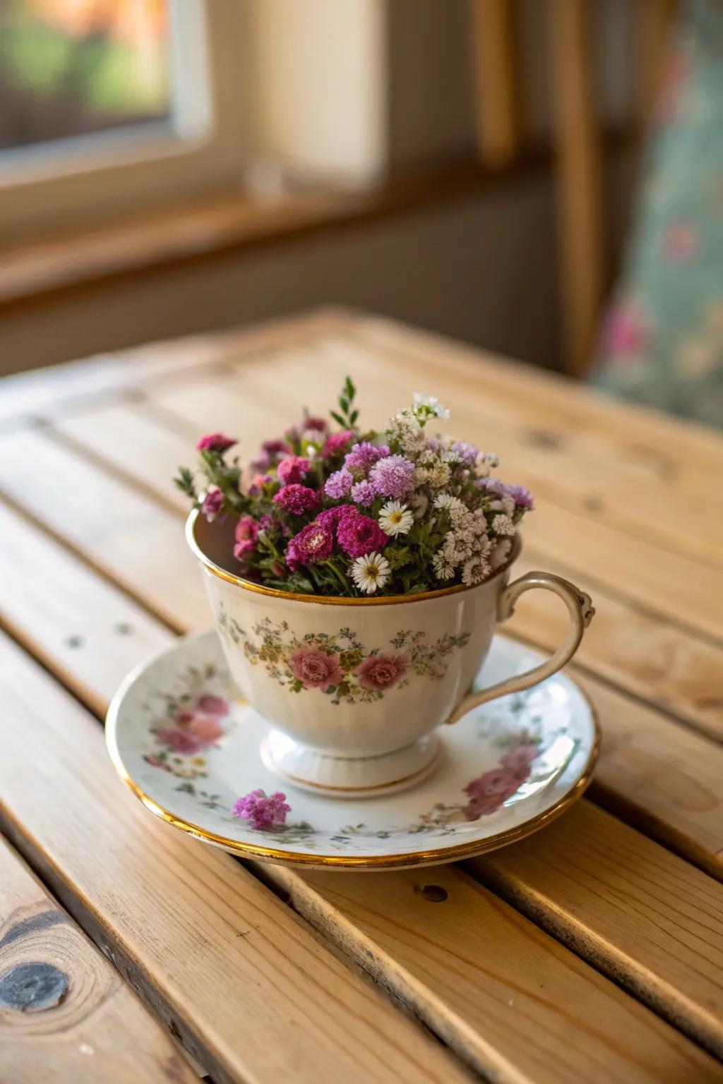 A classic teacup transformed into a quaint flower pot.