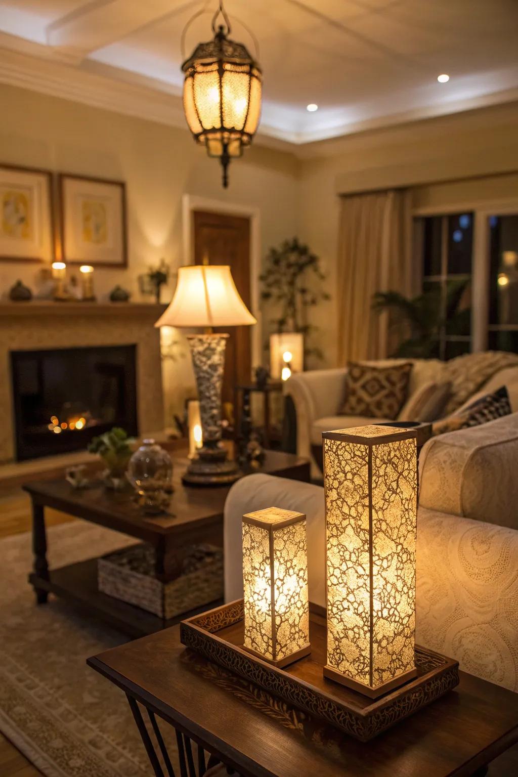 Ambient lighting sets a warm, inviting mood.