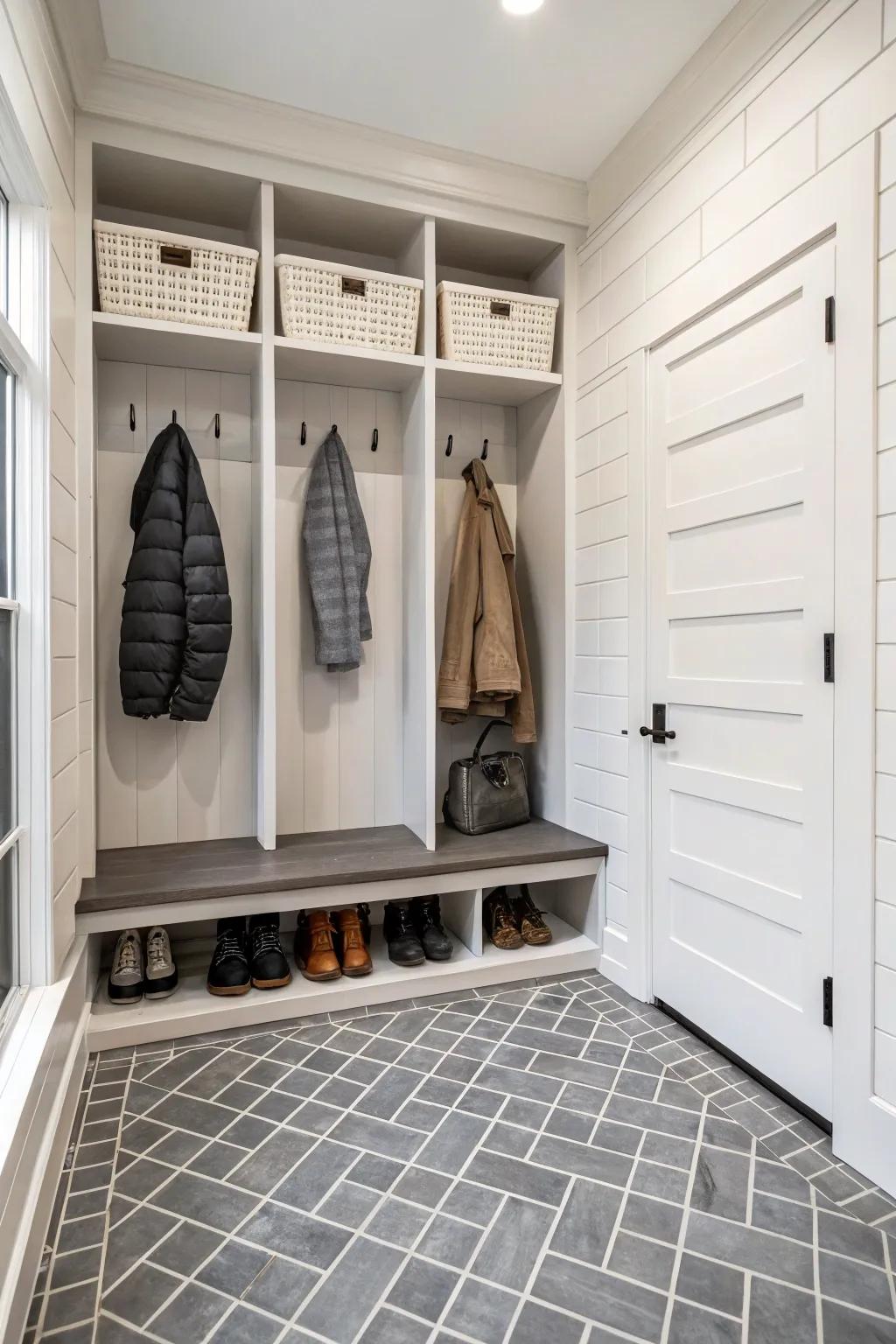 A basic, modern aesthetic is offered by subdued floor coverings.