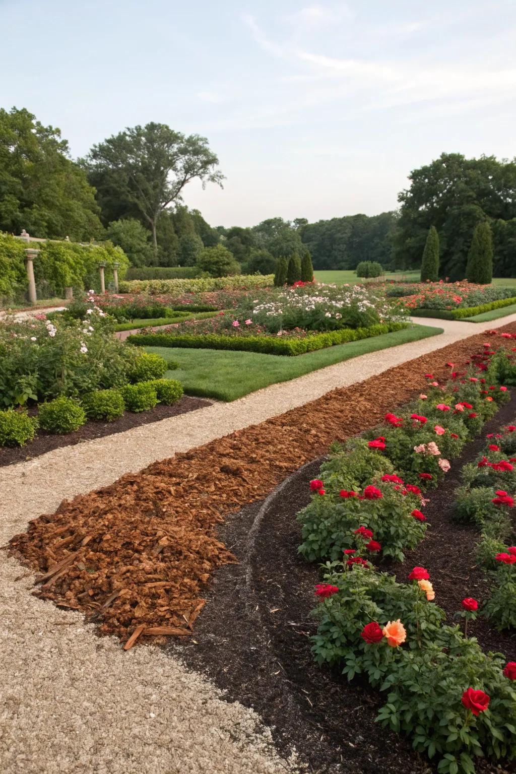 Contrasting mulch hues contribute visual intrigue.