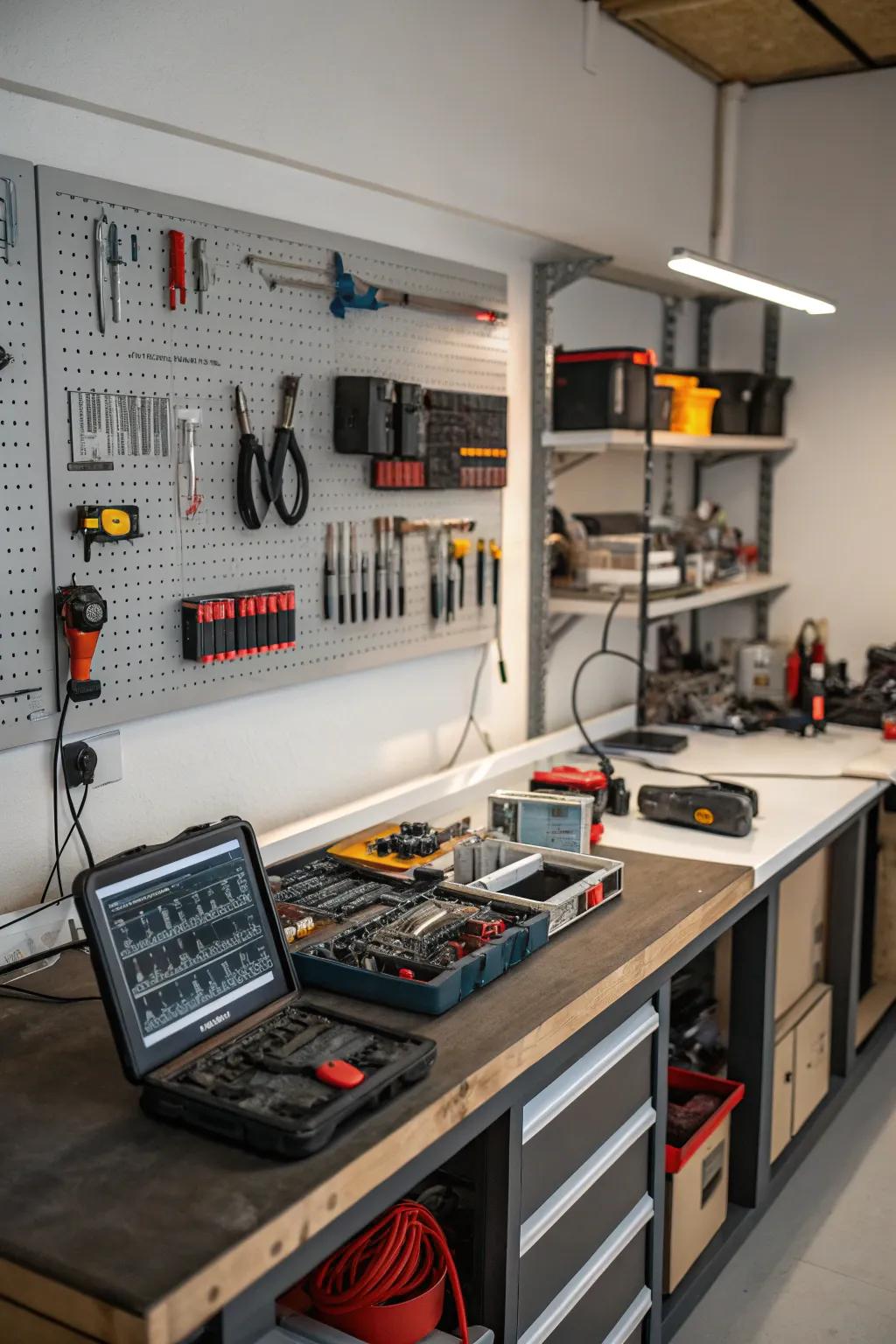 A tech hub perfectly set up in a garage.