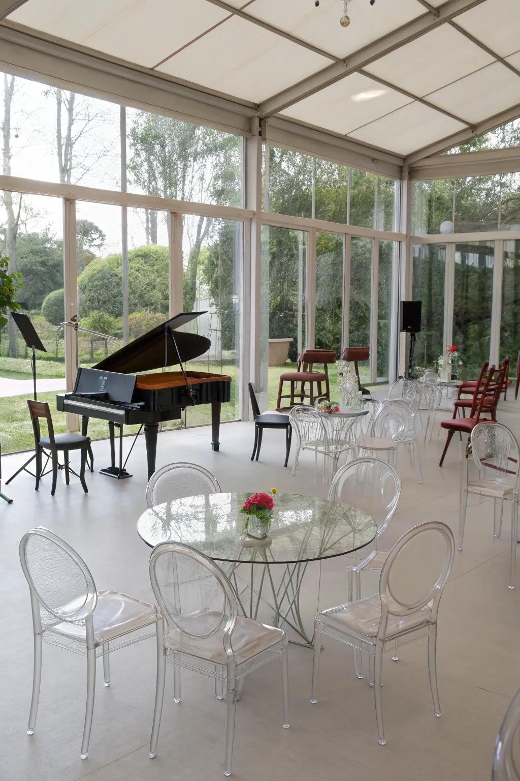 Transparent furniture maintains an airy and open atmosphere.