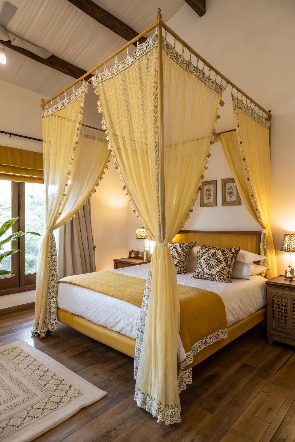 A bedroom using an elegant yellow cover.