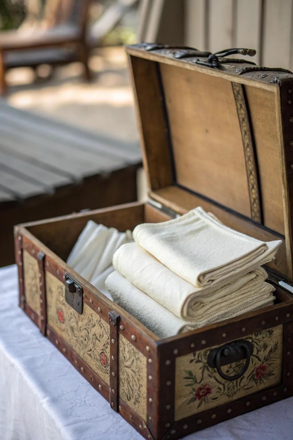 A vintage chest offers both nostalgic appeal and ample napkin storage.