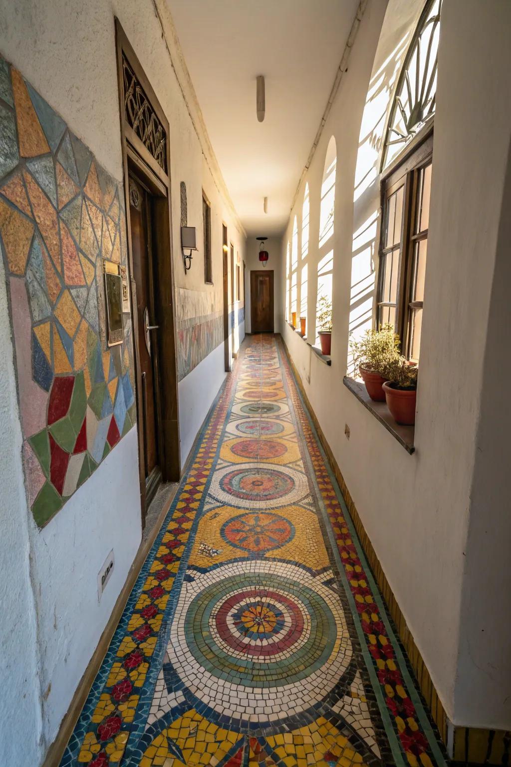 Detailed tiles add a colorful and artistic touch to narrow hallways.