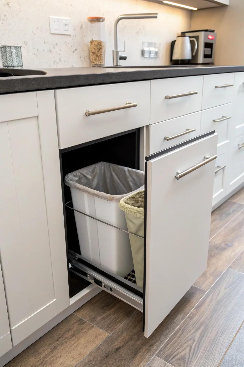 A slim cabinet concealing a waste bin for a tidy kitchen.