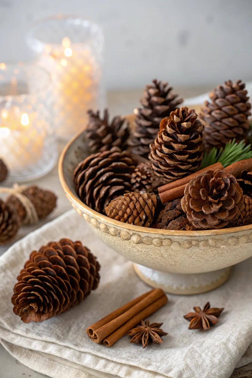 Cinnamon-scented cones are perfect for creating a seasonal ambiance.