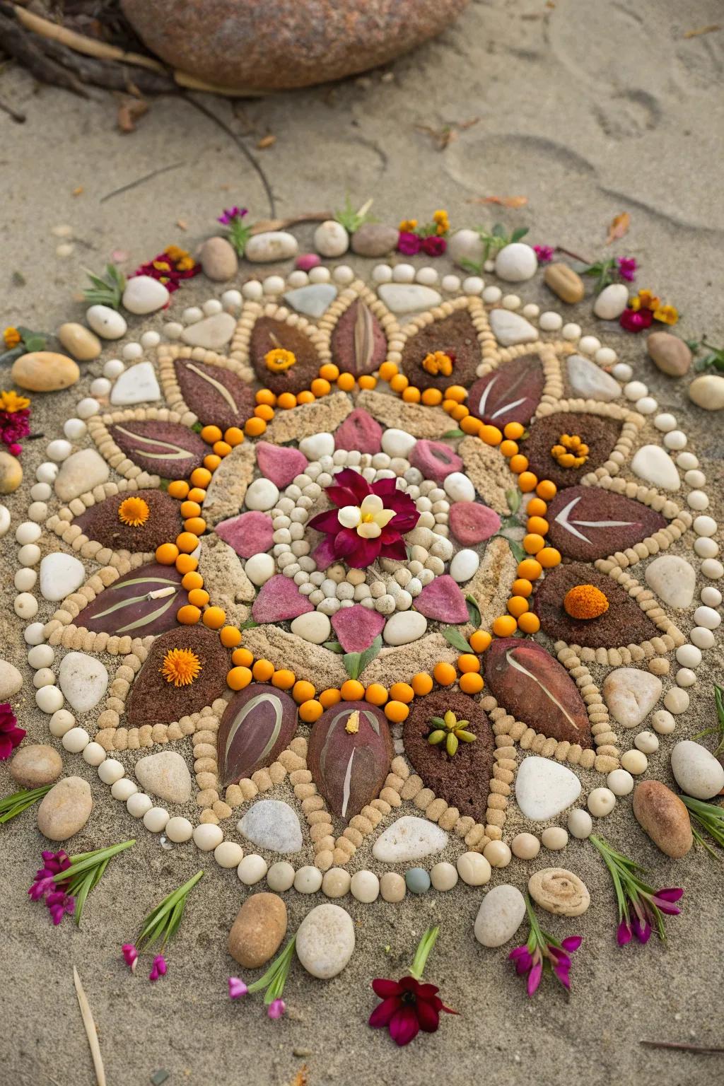 A balanced mandala collage utilizing natural items.