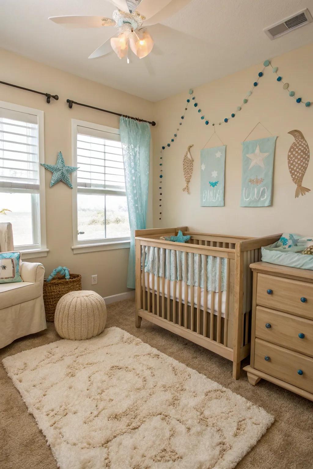 A nursery with calming coastal tones.