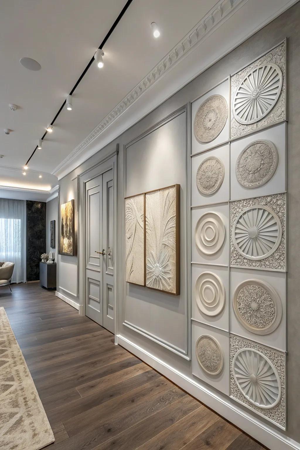 Sculptural art enriches walls with unique dimensions.