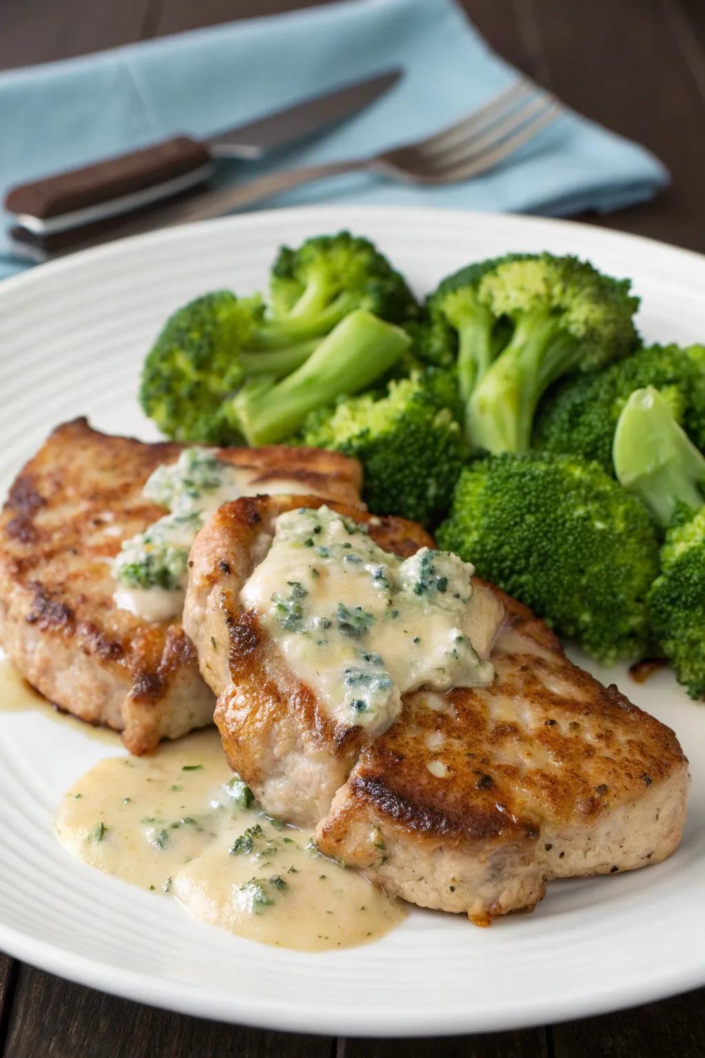 Pork with Gorgonzola sauce, offering a tangy and elegant option for New Year's Day dinner.