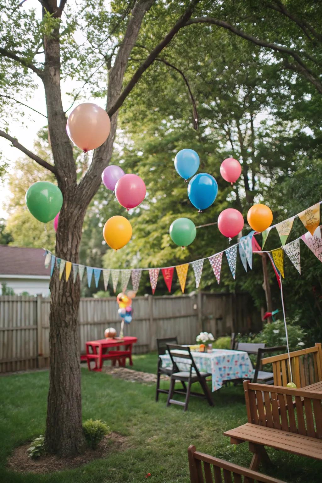 Balloons and banners create a festive and joyful atmosphere.