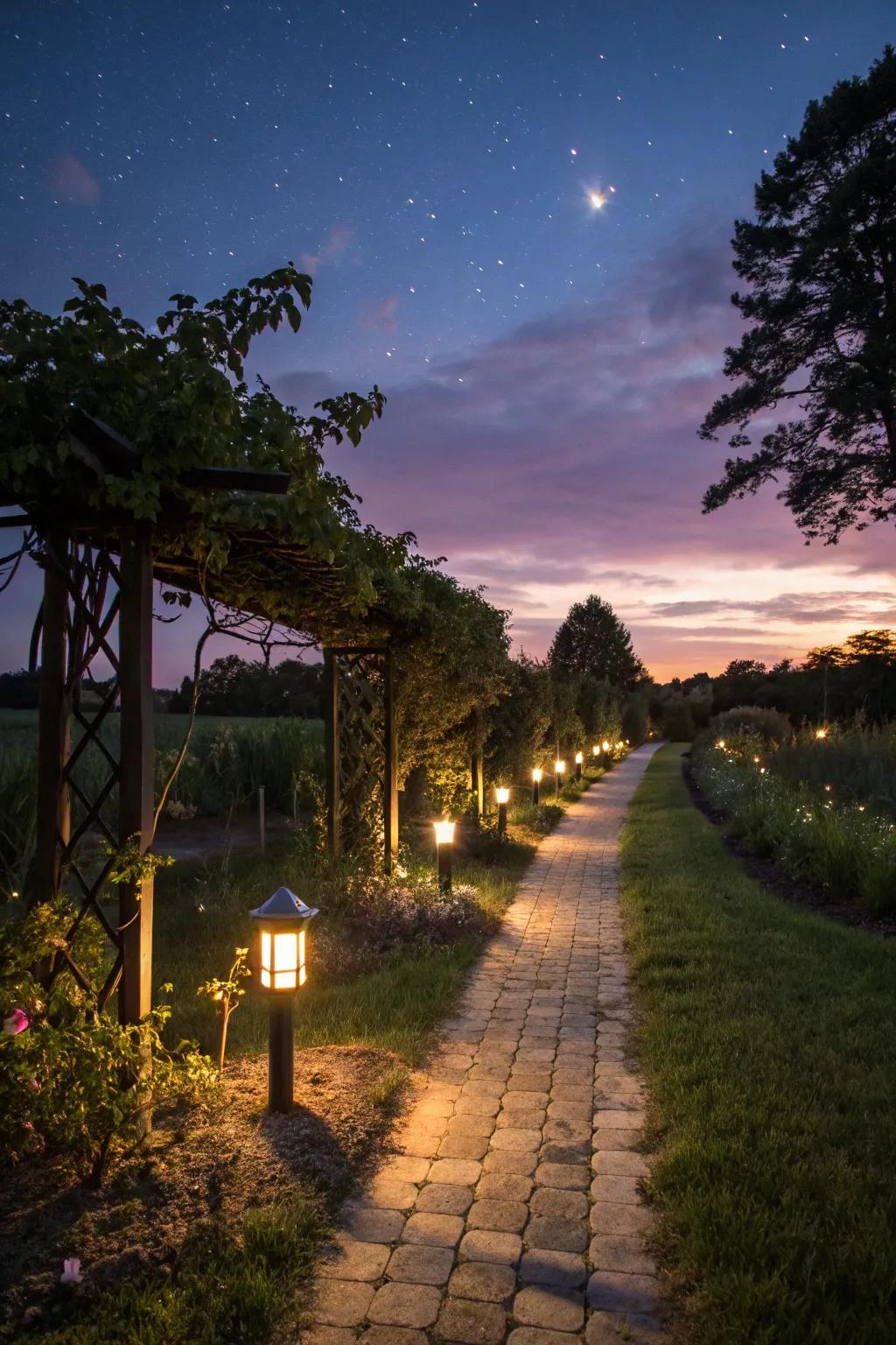 Green solar lights adding a magical touch to the garden.
