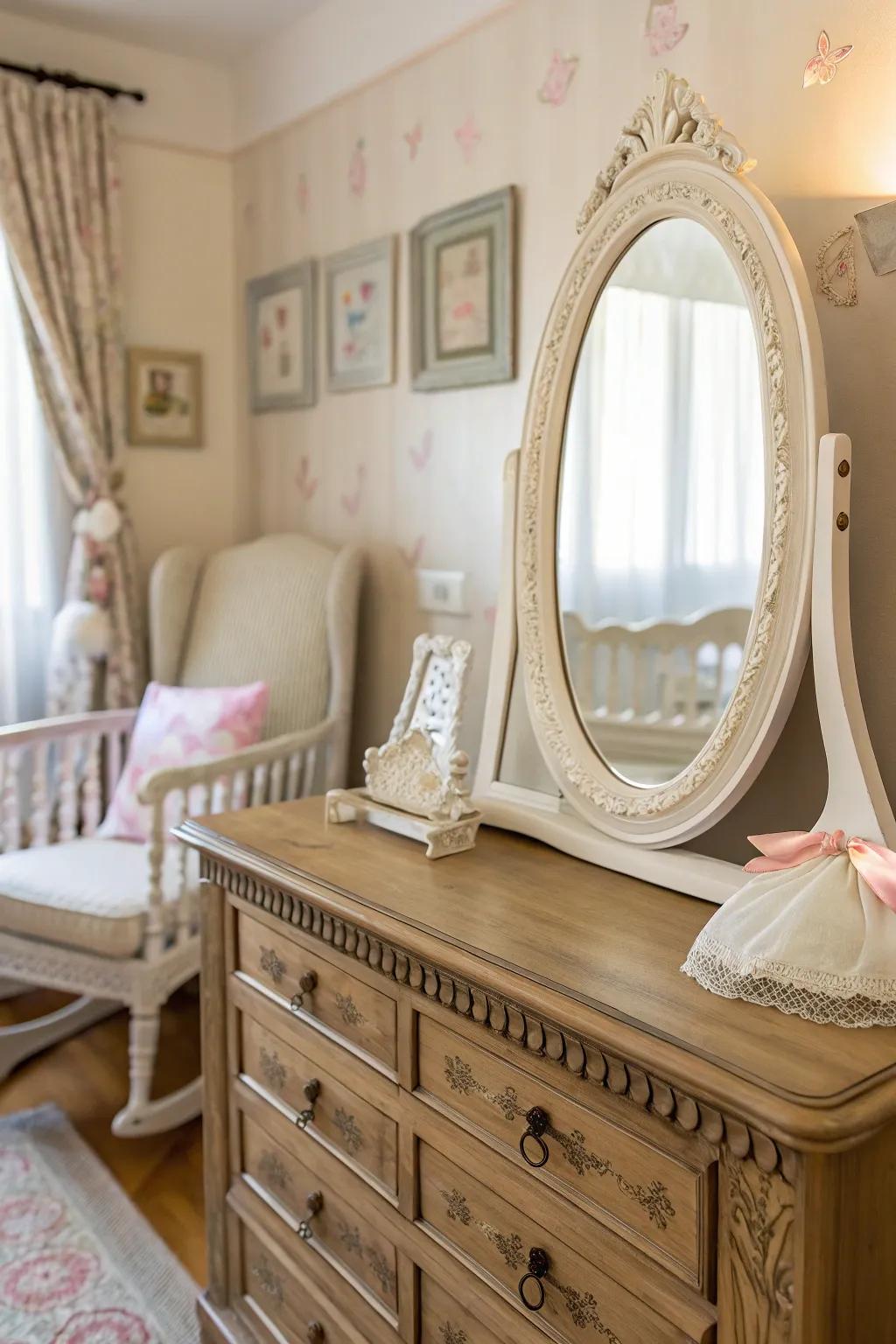 An old reflection adds class and a feel of history to this nursery.