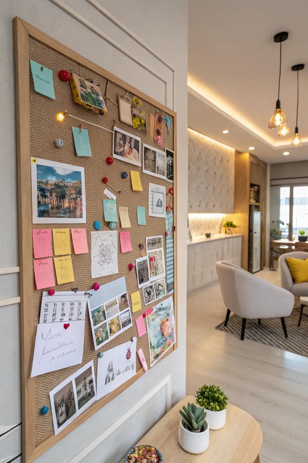 A stylish apartment bulletin board with an eclectic design.