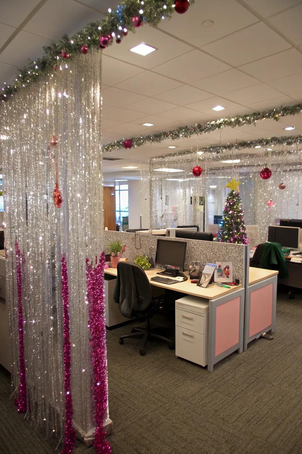 Tinsel and shimmer glam up the holiday ornamentation.