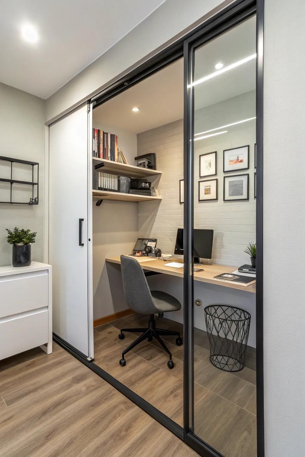 Use a sliding door to separate your workspace without losing floor space.