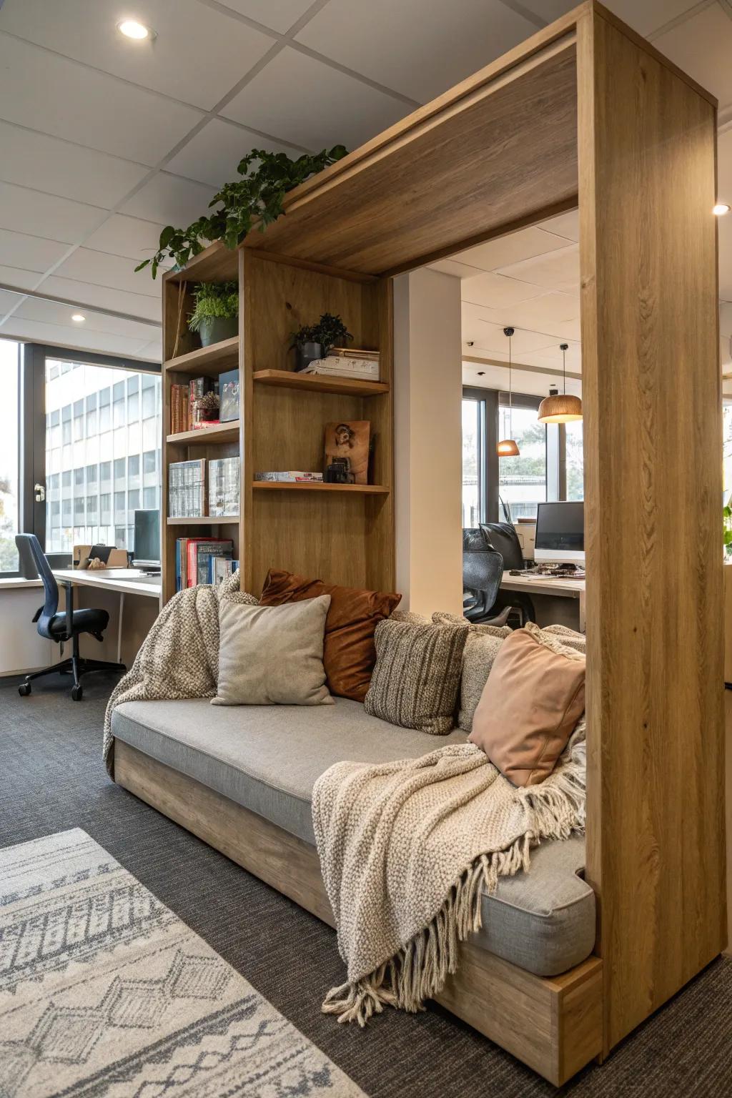 A cozy corner encourages relaxation and comfort.