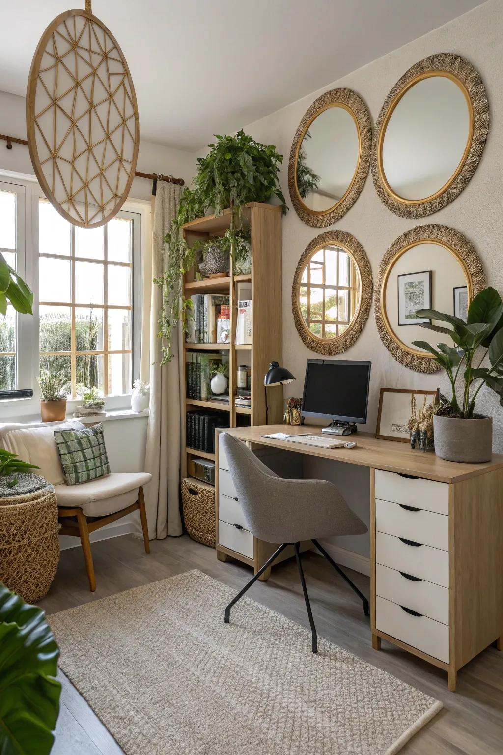 Mirrors enhance light and space during the virtual meetings.