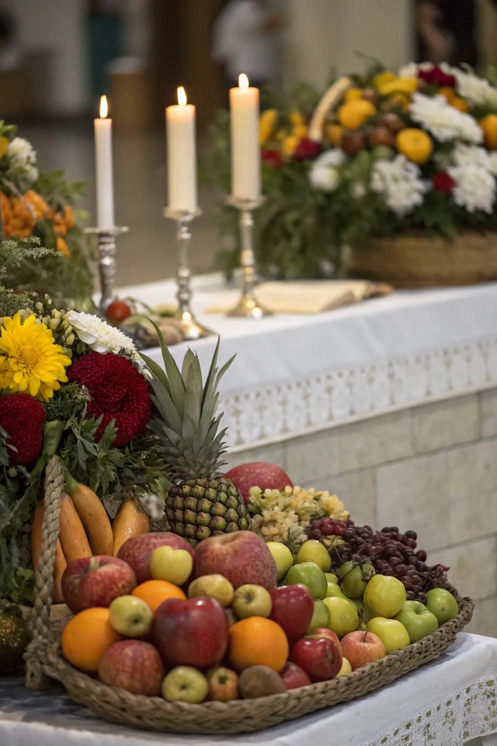 Seasonal fruits symbolize abundance and existence on your ofrenda.