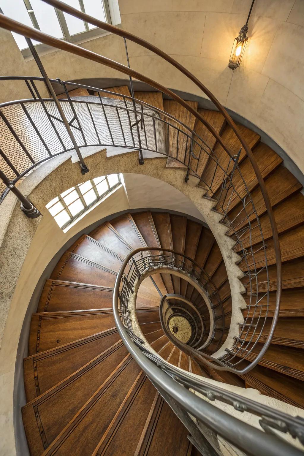 A winding staircase appends a sculptural and space-economizing component.