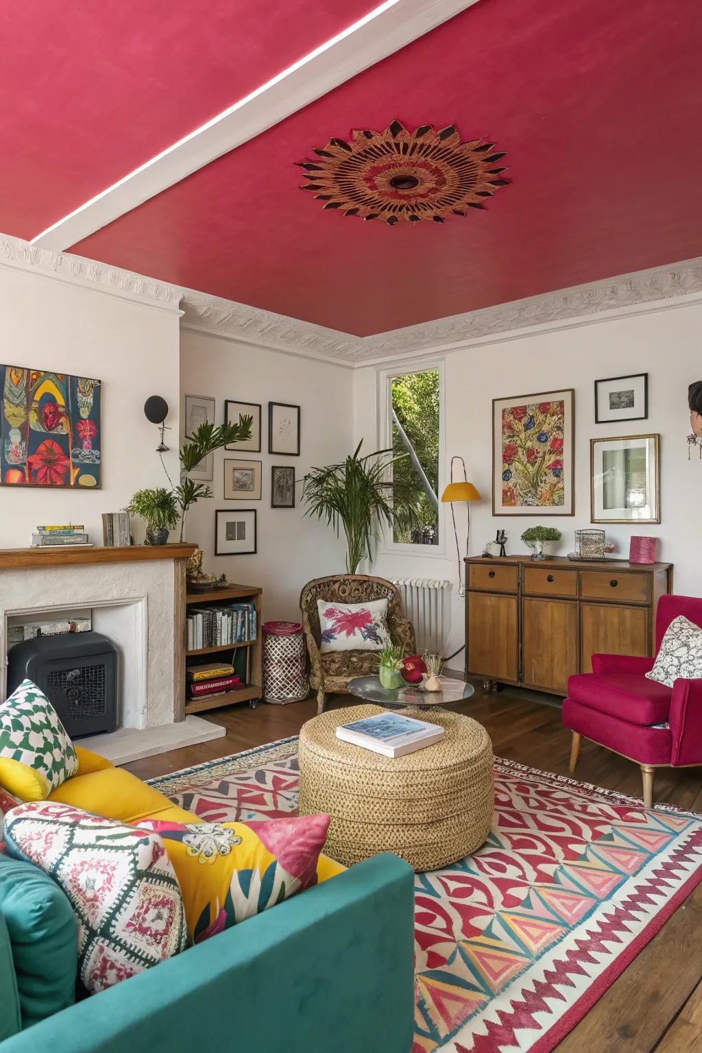 A vibrant lounge with a striking colored ceiling that makes a lively statement.