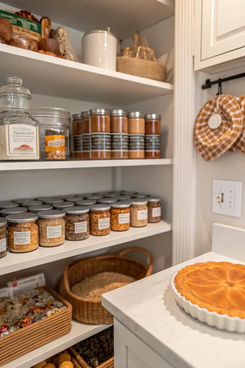 A dedicated rack for seasonal goods keeps the pantry structured.