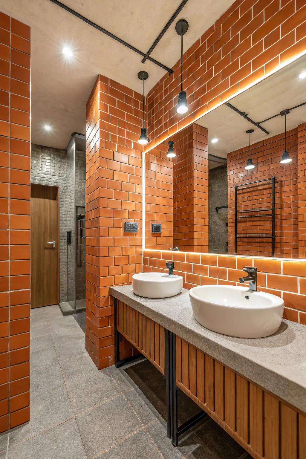 Citrus stone panels add urban chic texture to the bathroom.