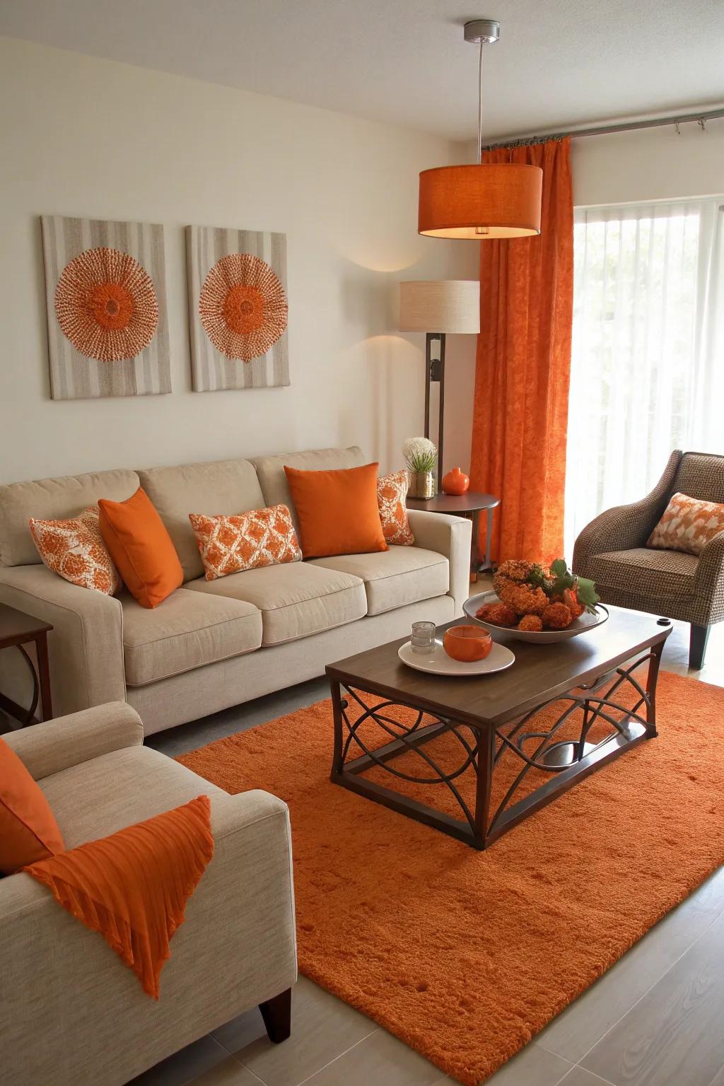 Tangerine accents in unpredicted areas add a distinctive and playful touch.