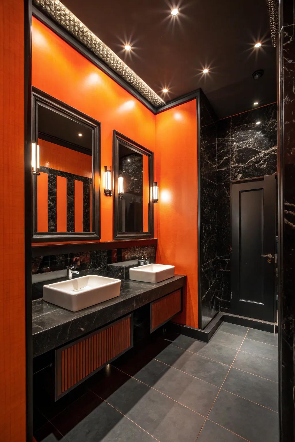 A lavatory transforms into a showstopper with its striking tangerine and midnight black decor.