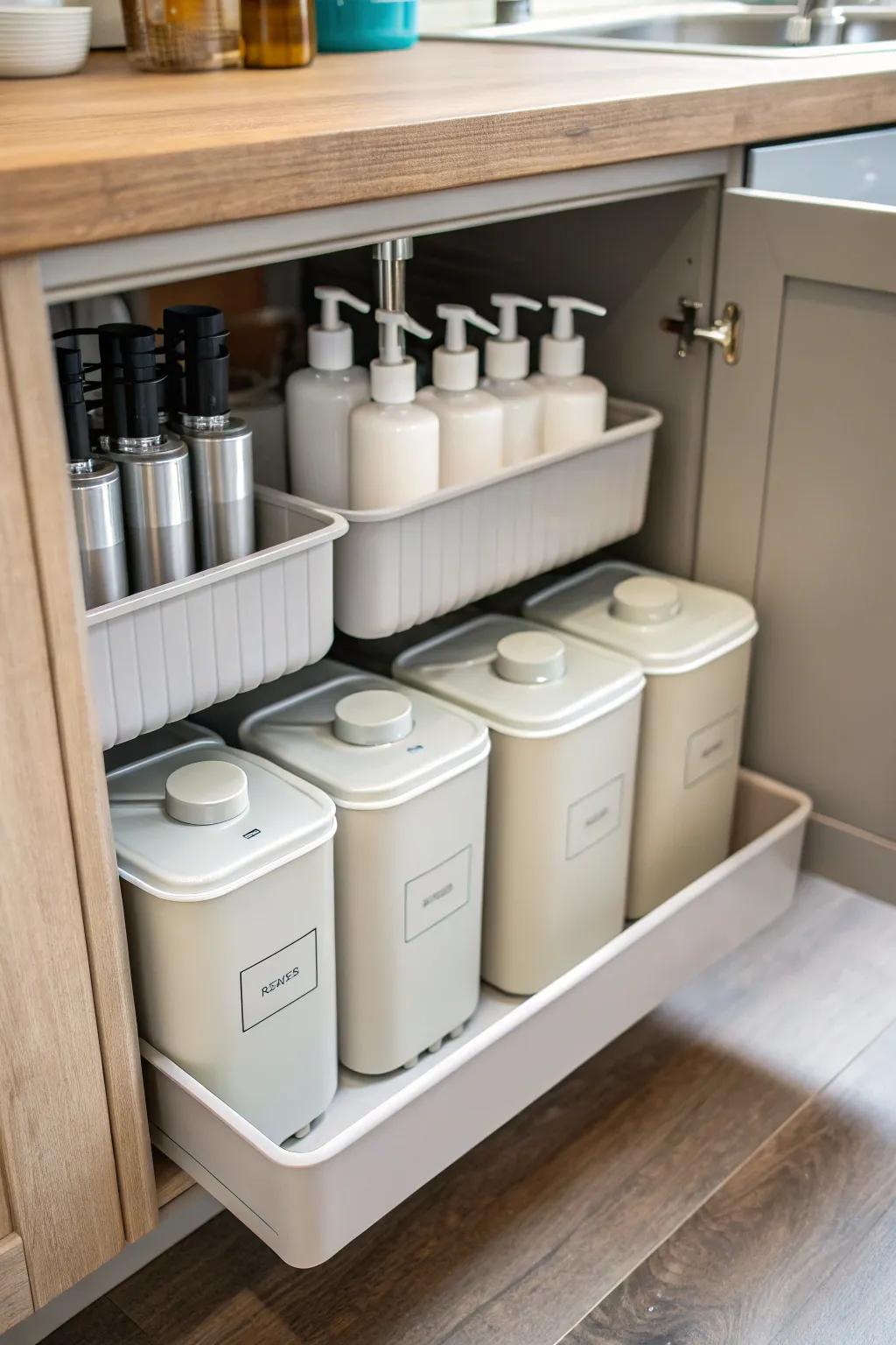 Matching containers create a seamless and organized appearance.