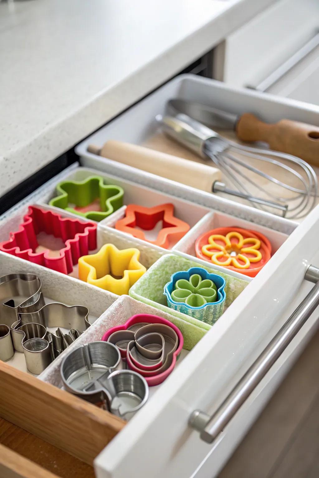 Cookie cutters are neat and easy to grab when stored small.