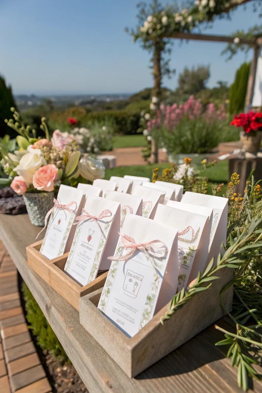 Distinctive gifts such as seed sachets make for memorable keepsakes.