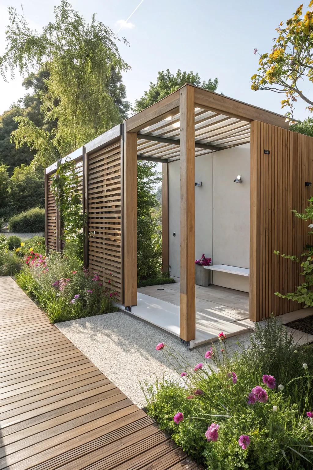 Lumber slats create an open and modern changing space.