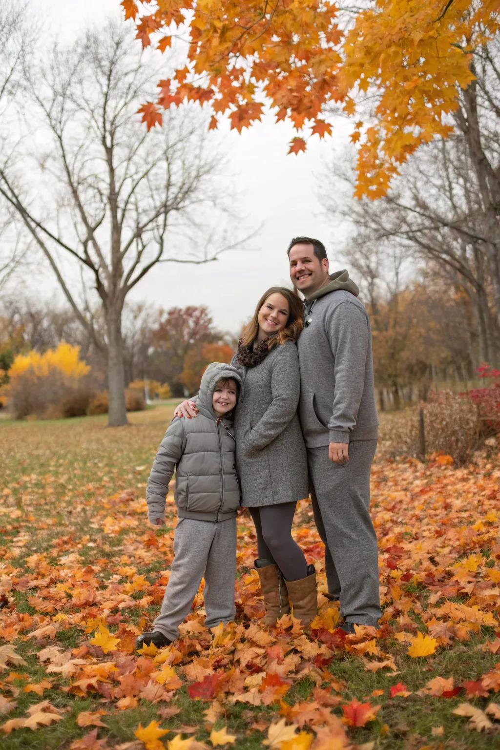 Soft grays complement the season's cool atmosphere beautifully.