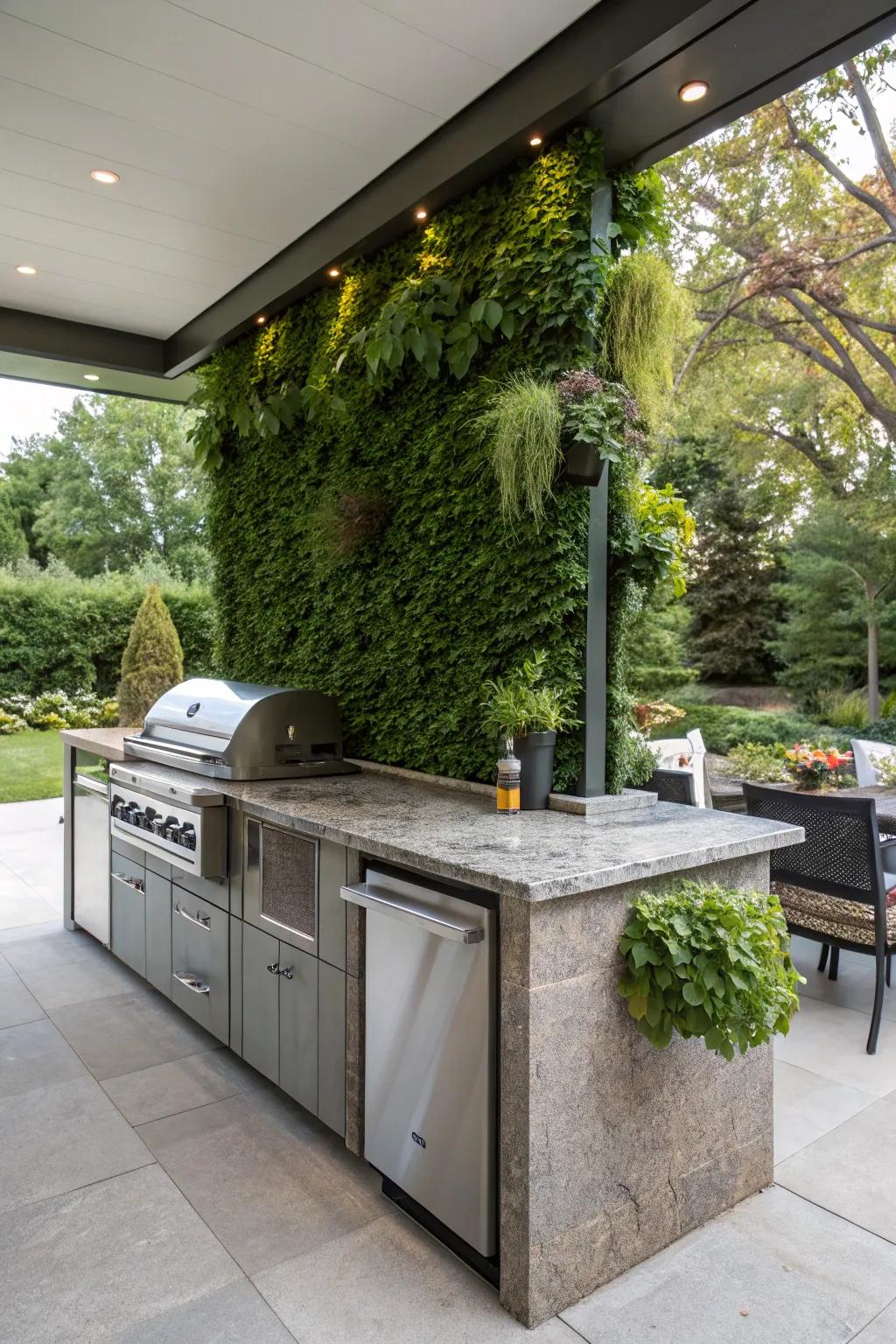 A refreshing outdoor kitchen island featuring an integrated green wall for added greenery.