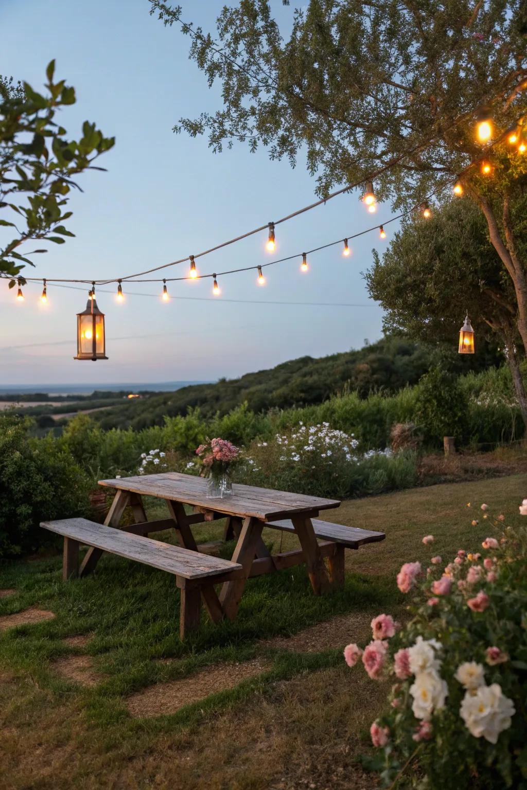 Lanterns furnish a gentle, romantic light ideal for evening gatherings.