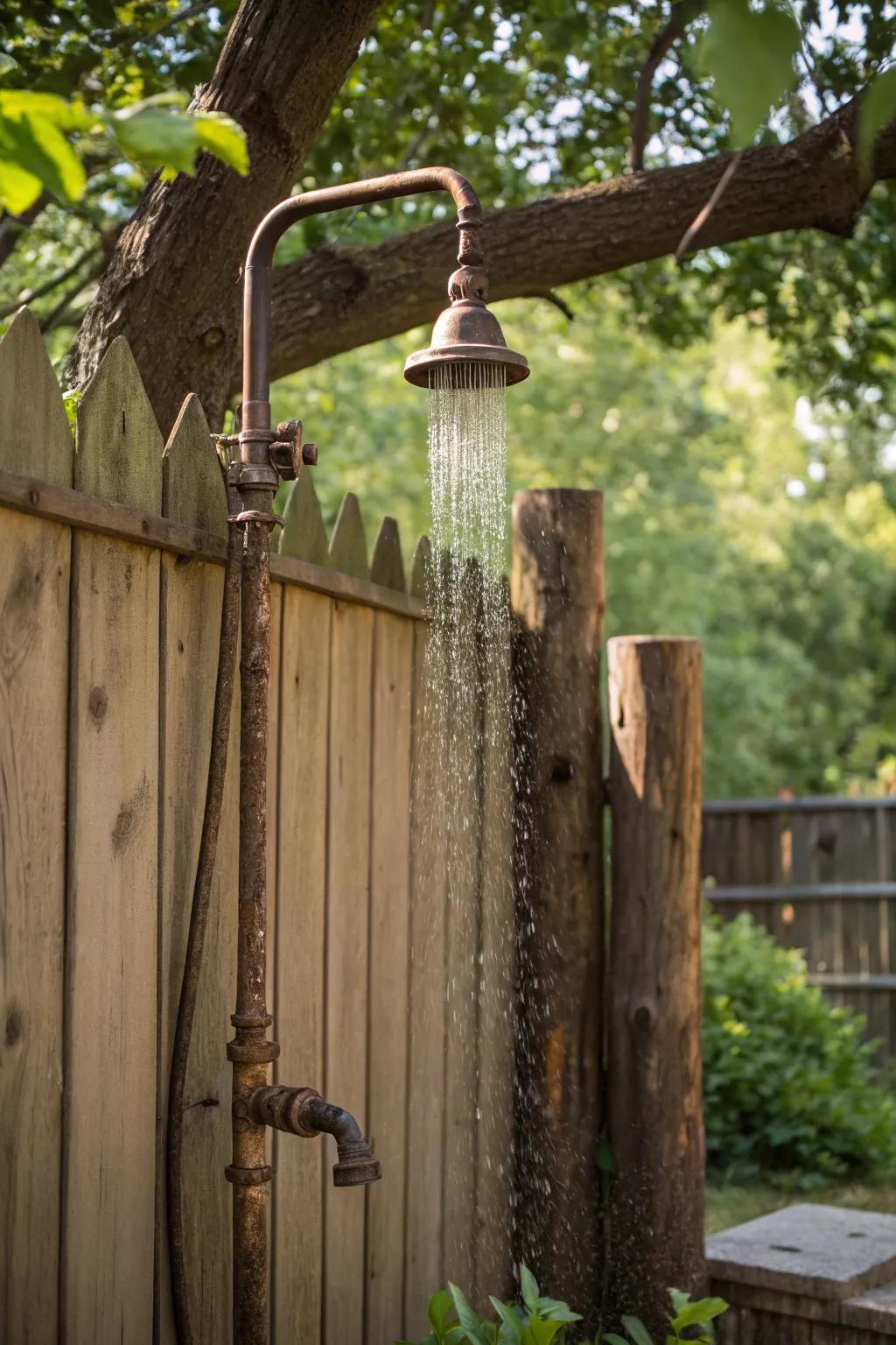 A factory-inspired outdoor shower with viewable ductwork.