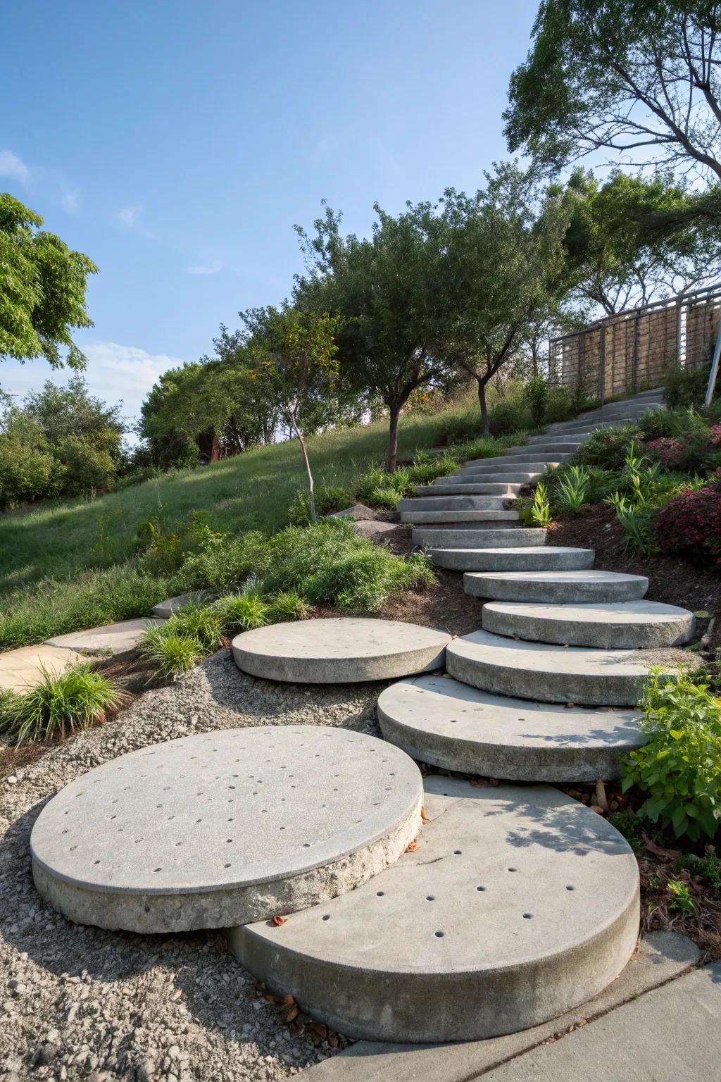 Round cast boards add whimsy and modernity to outdoor steps.