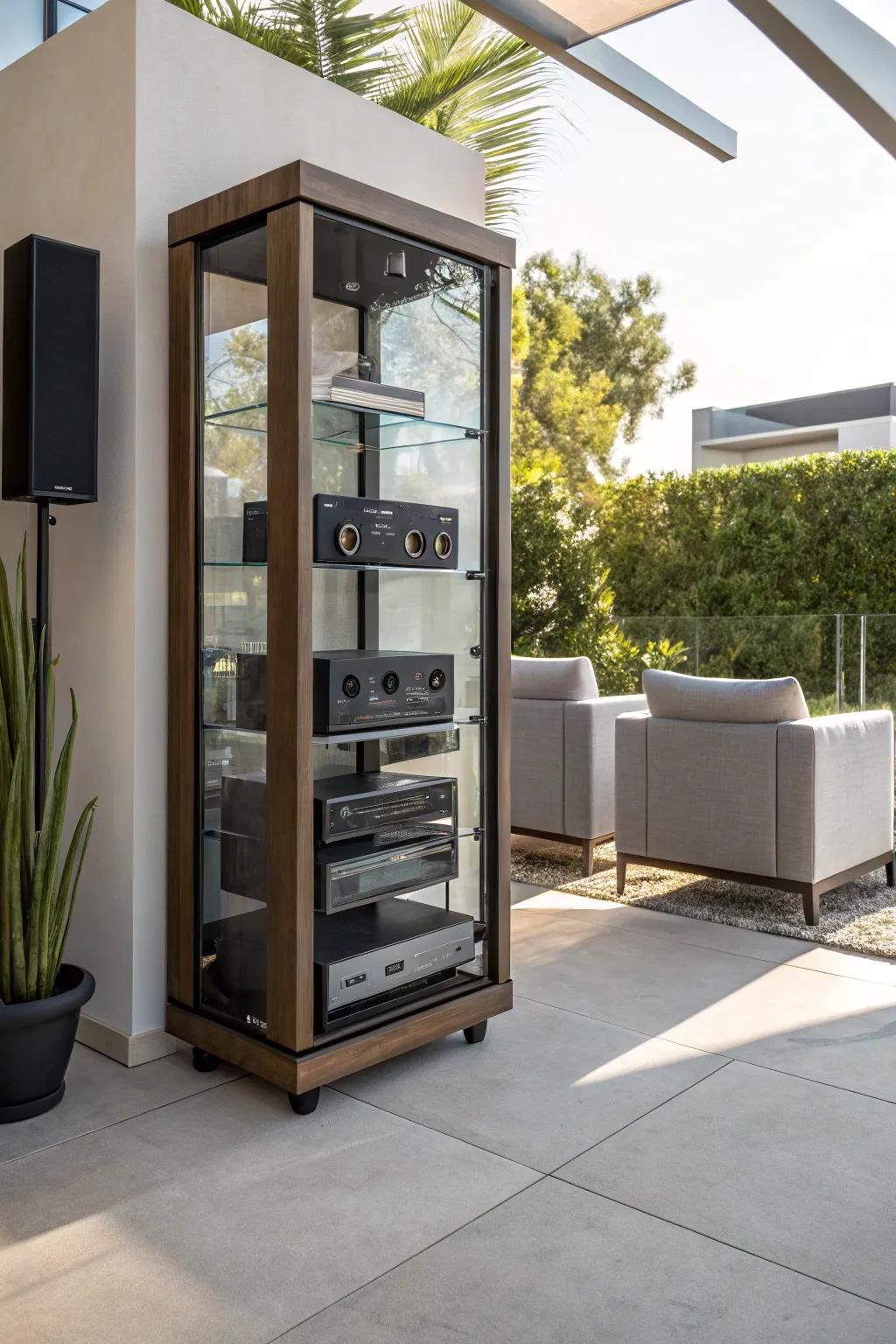 Glass-fronted cabinets offer a stylish method to display and safeguard audio equipment.