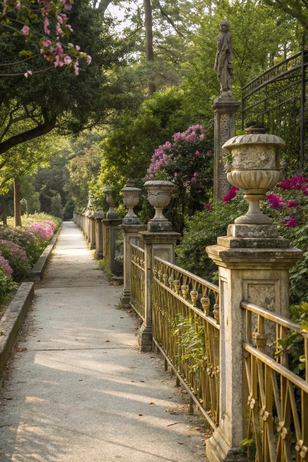 Antique-finished railings bring nostalgic charm to pathways.