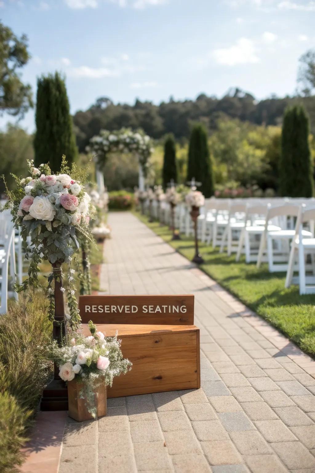 Designated seating markers inject a personal touch into the aisle.