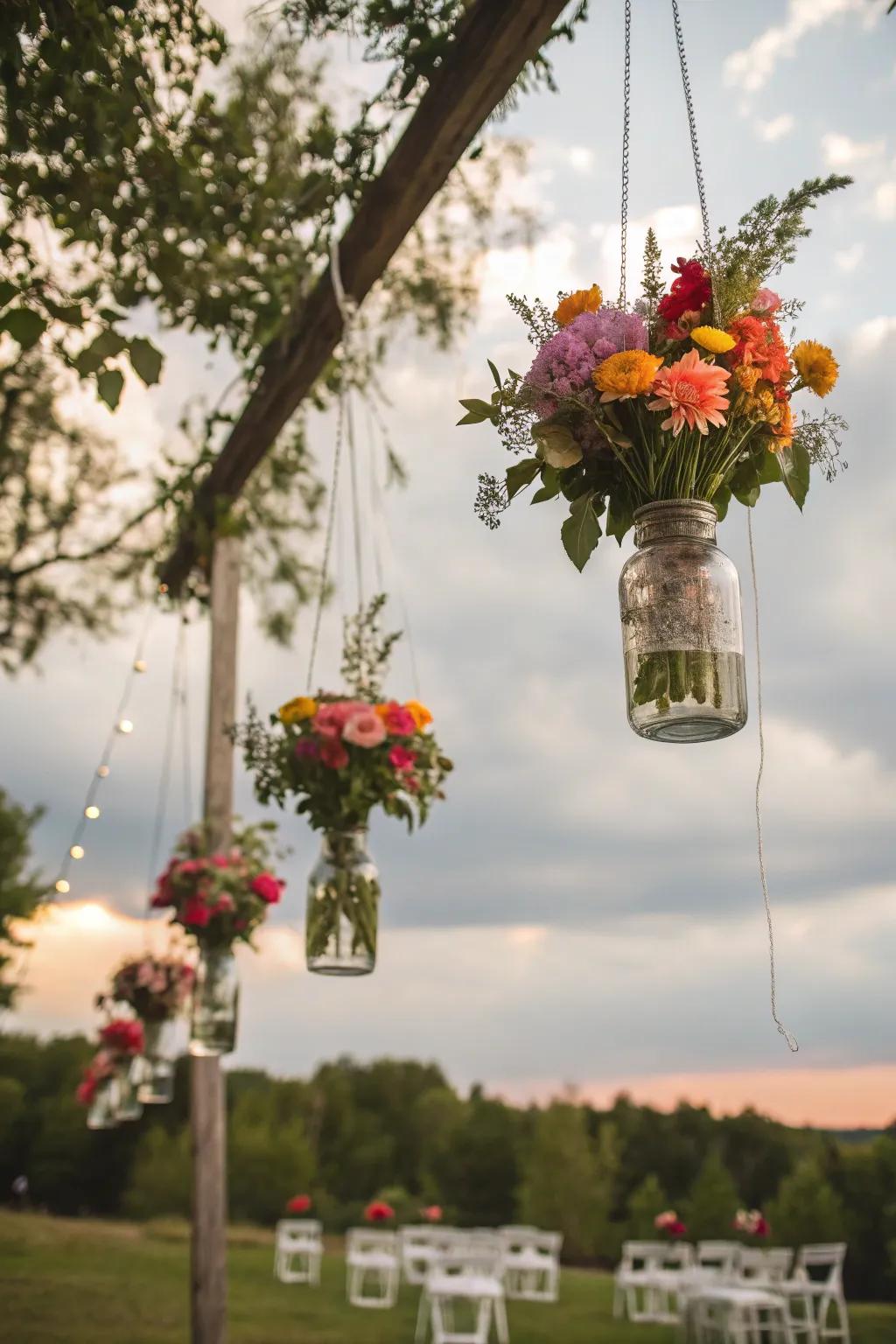 Append country charm using dangling flower-filled jugs.