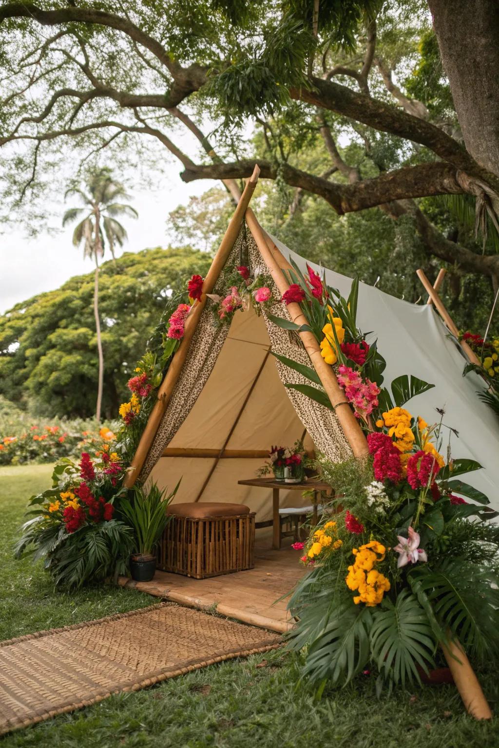 A tropical paradise theme adds vibrant colors and lush greenery.