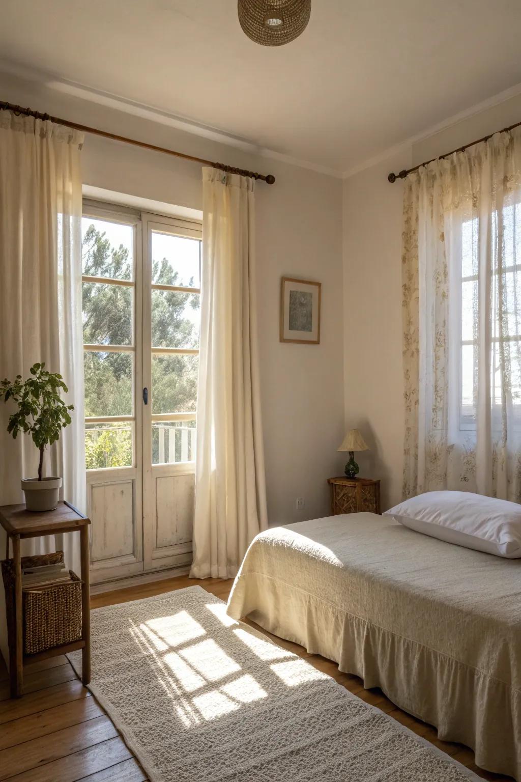 Taking full advantage of sunlight through light hues can open up your small bedroom.