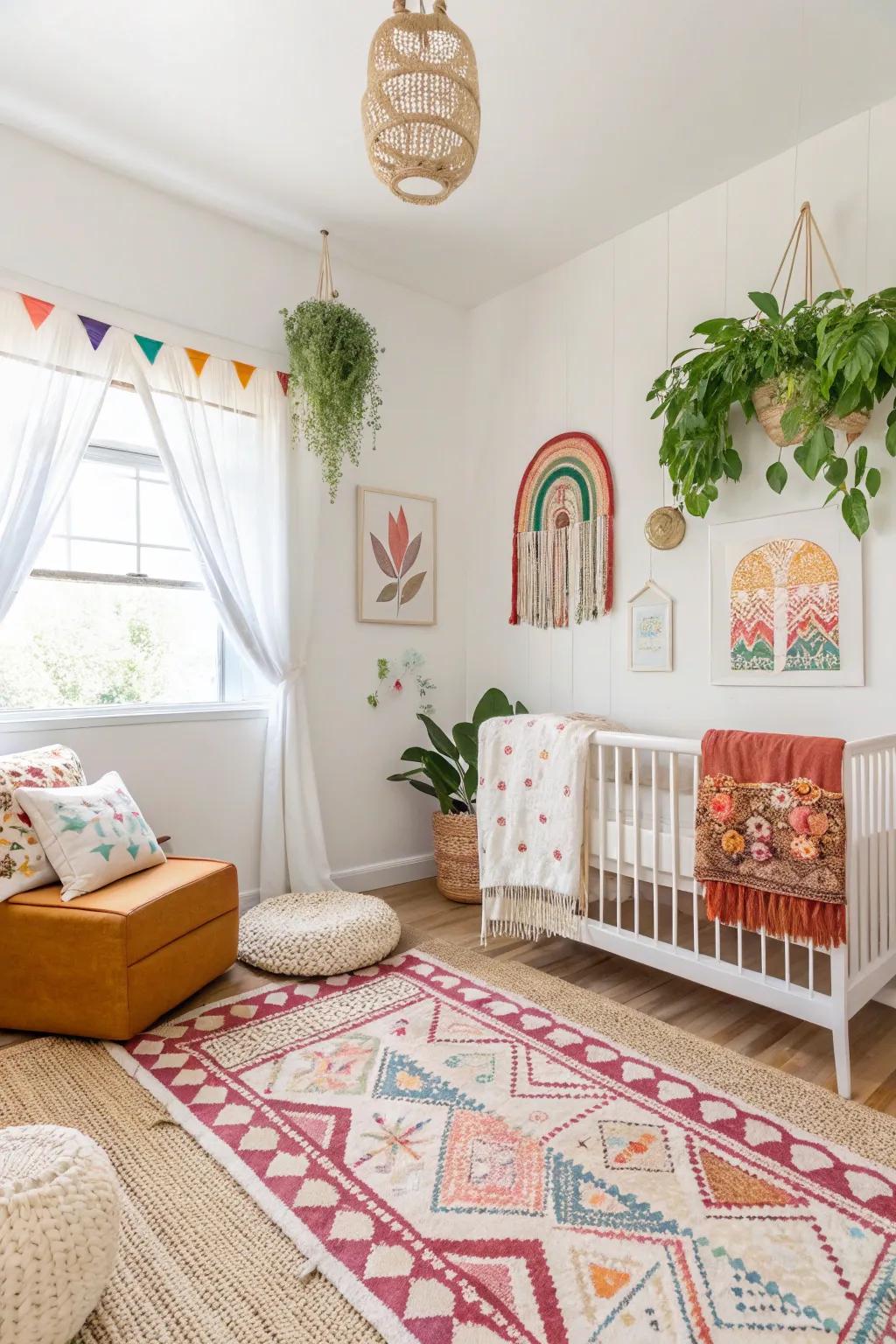 Boho aesthetics featuring bright whites create a fresh and gender-neutral nursery.